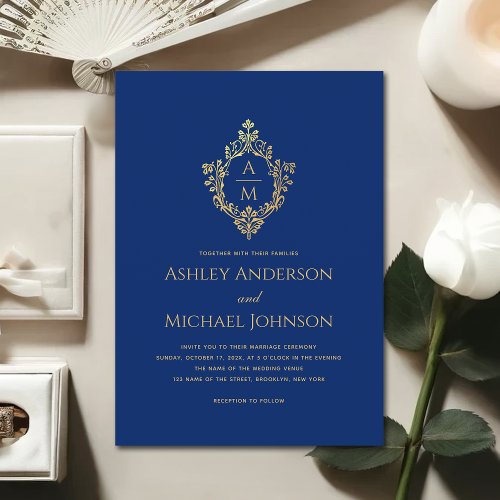 Crest Monogram Royal Blue Faux Gold Foil Wedding Invitation