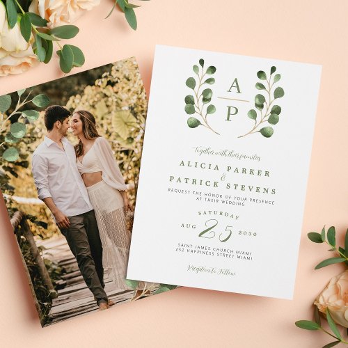 Crest monogram sage eucalyptus photo wedding  invitation