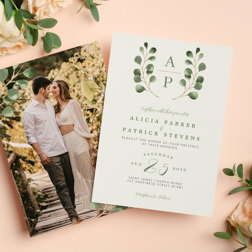 Crest monogram sage eucalyptus photo wedding  invitation