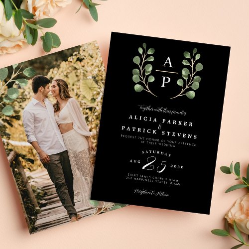 Crest monogram sage eucalyptus photo wedding  invitation