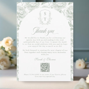 Crest Monogram Sage Green QR-code Photos Album Thank You Card