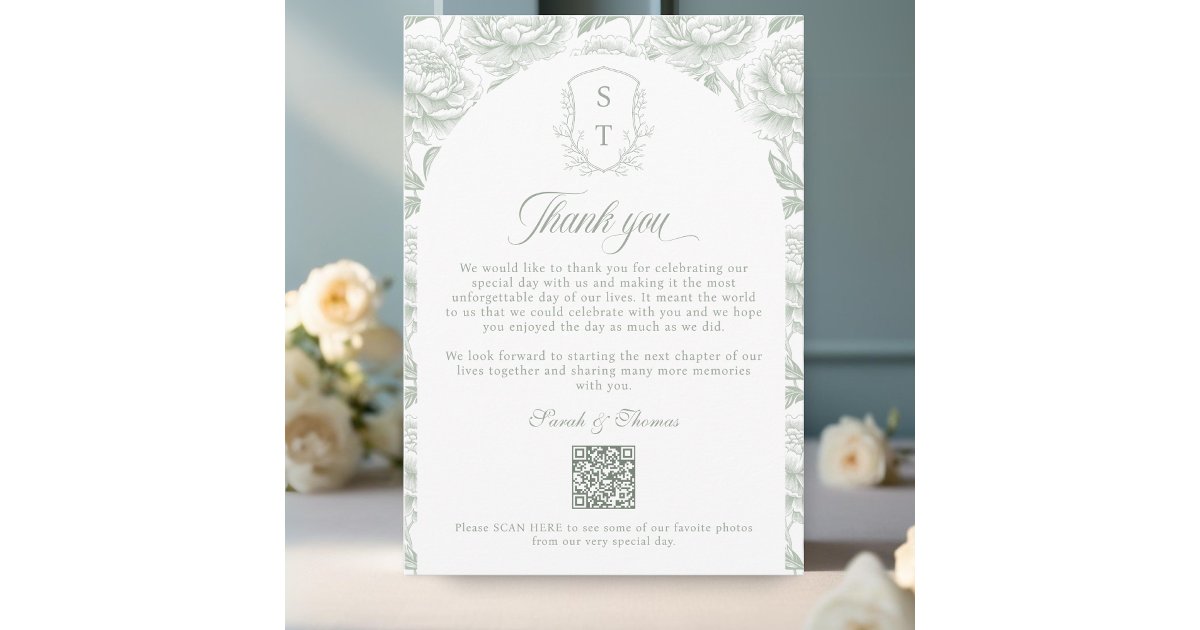Crest Monogram Sage Green QR-code Photos Album Thank You Card | Zazzle