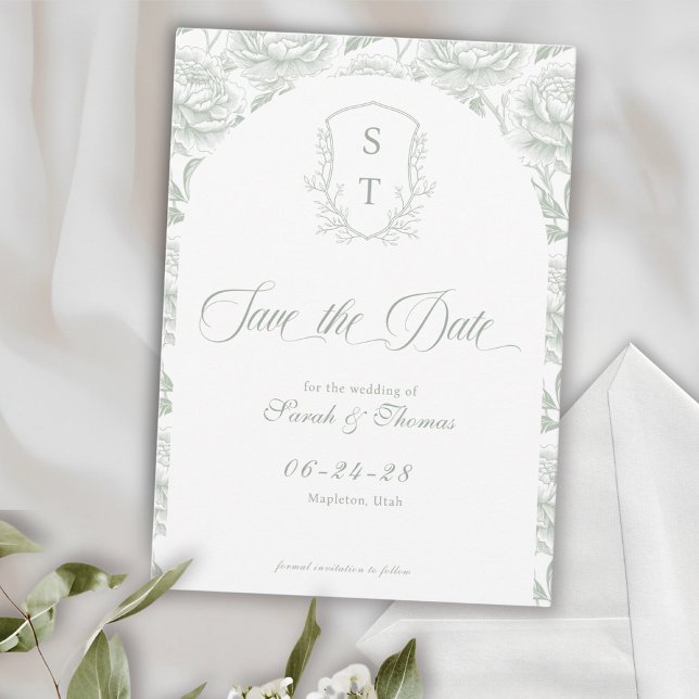 Crest Monogram Sage Green Script Save The Date (Crest Save The Date Formal Card sage green)