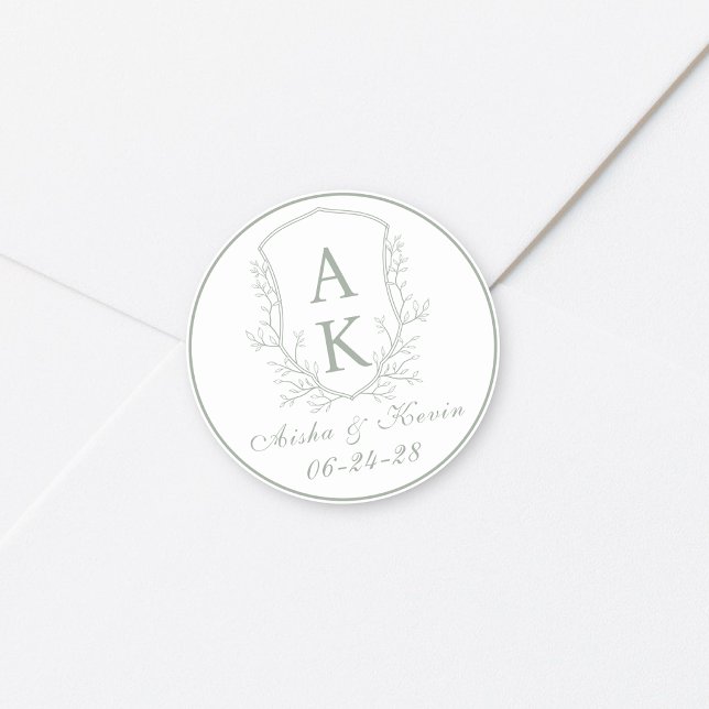 Crest Monogram Sage Green Wedding Classic Round Sticker (Creator Uploaded)