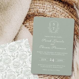 Crest Monogram Sage Green Wedding Invitation