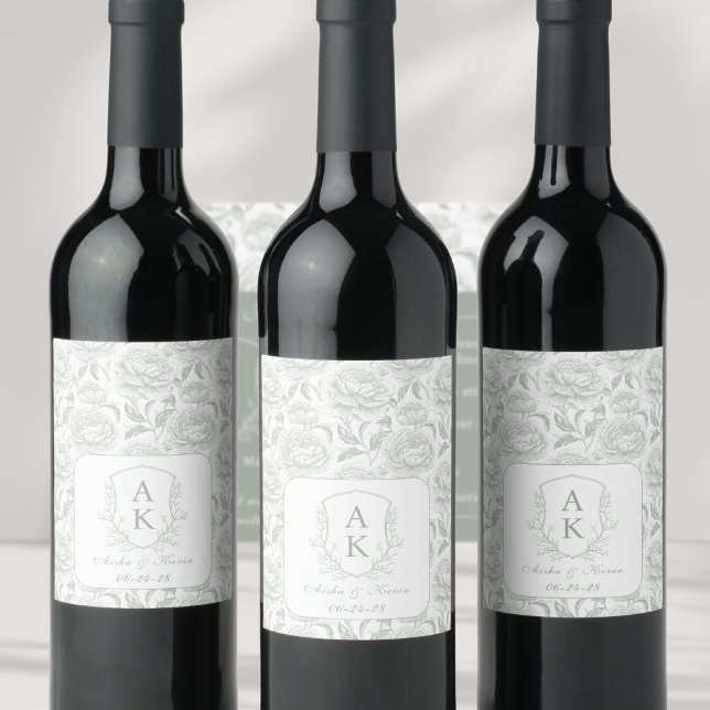 Crest Monogram Sage Green Wedding Wine Label (Creator Uploaded)