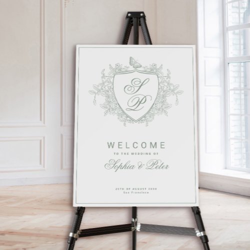 Crest monogram sage green welcome wedding sign