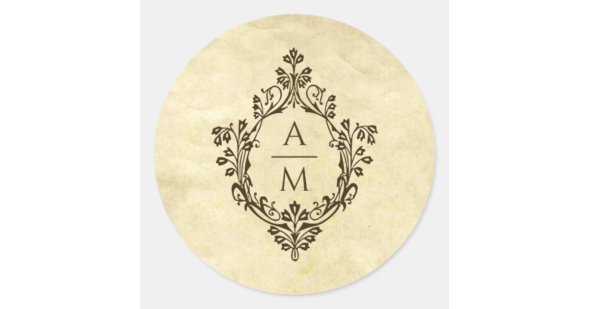 Crest Monogram Vintage Parchment Victorian Wedding Classic Round ...