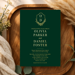 Crest Monogram Wedding Emerald Green Gold Foil Invitation
