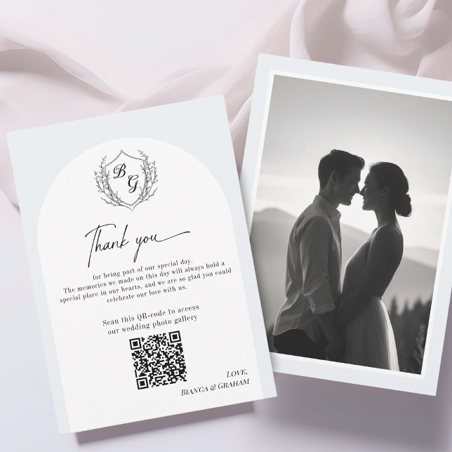 Crest Monogram wedding QR-code photo album  Thank You Card (Creator Uploaded)