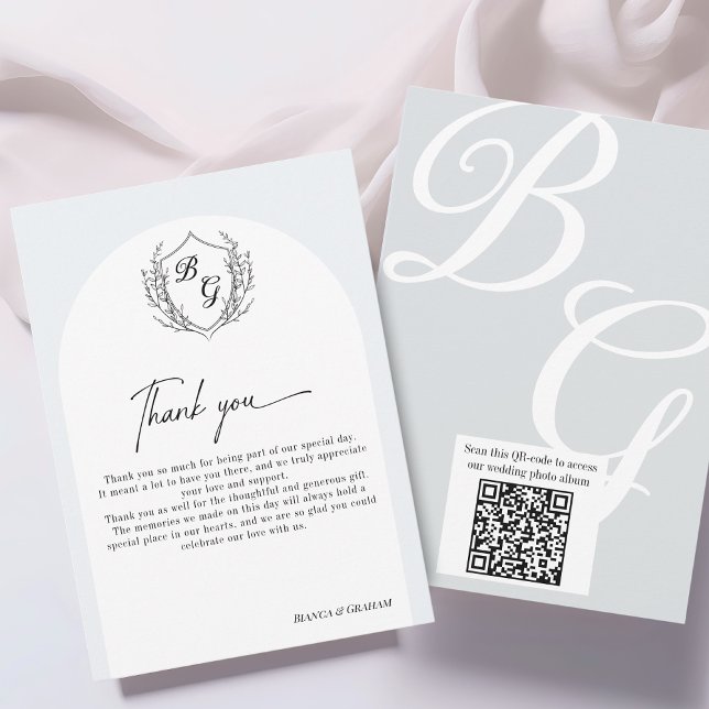 Crest Monogram wedding QR-code photo album  Thank You Card (Creator Uploaded)