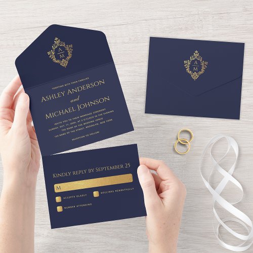 Crest Navy Blue Faux Gold Elegant Wedding Monogram All In One Invitation