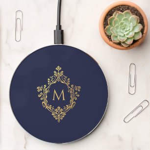 Crest Navy Blue Faux Gold Vintage Elegant Monogram Wireless Charger