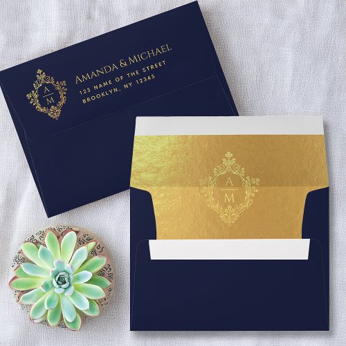 Crest Navy Blue Faux Gold Vintage Wedding Monogram Envelope