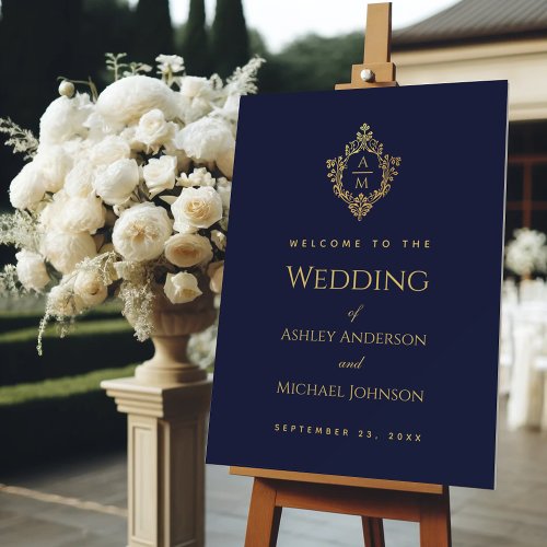 Crest Navy Blue Faux Gold Wedding Monogram Welcome Foam Board