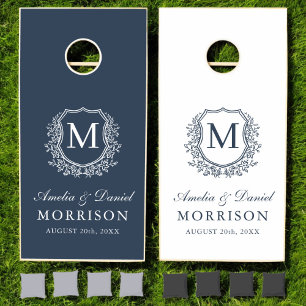 Crest Navy Blue Modern Monogram Wedding Cornhole Set