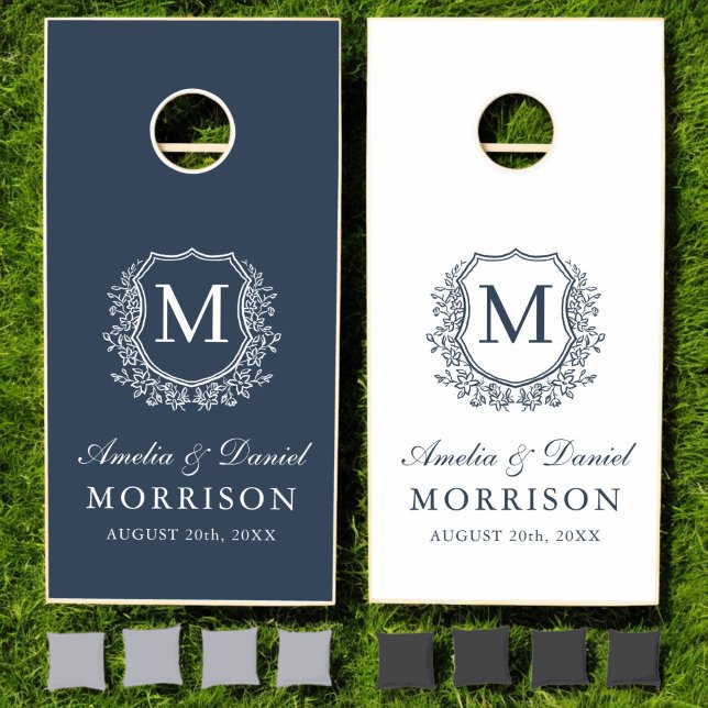 Crest Navy Blue Modern Monogram Wedding  Cornhole Set (Creator Uploaded)