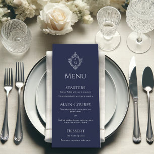 Crest Navy Blue Vintage Elegant Monogram Wedding Menu