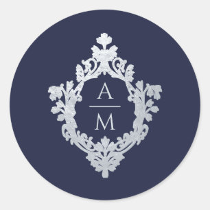 Crest Navy Blue Vintage Ornate 2 Initials Monogram Classic Round Sticker