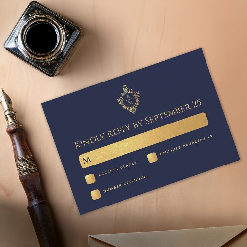 Crest Navy Blue Wedding Monogram Faux Gold Elegant RSVP Card