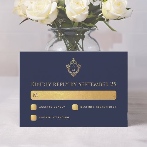 Crest Navy Blue Wedding Monogram Faux Gold Elegant RSVP Card