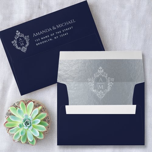 Crest Navy Blue Wedding Monogram Faux Silver Foil  Envelope