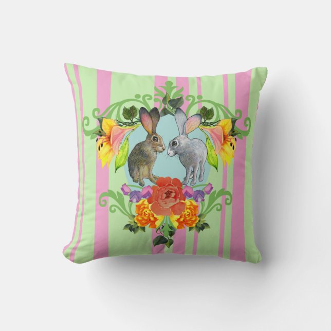 Crest of Rabbits Pink Green Pillow (Front)