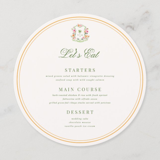 Crest Palm Tree Monogram Custom Guest Name Wedding Menu (Front)