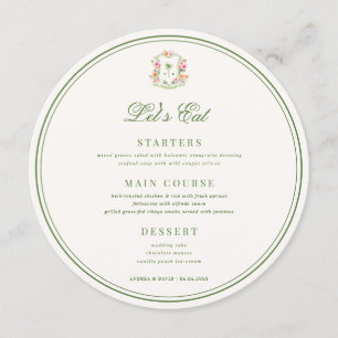 Crest Palm Tree Monogram Lets Eat Round Wedding Menu
