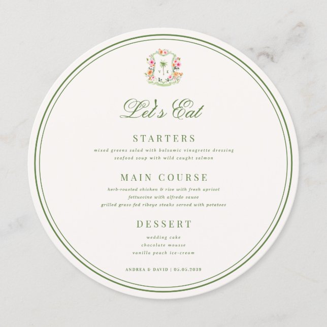 Crest Palm Tree Monogram Lets Eat Round Wedding Menu (Front)
