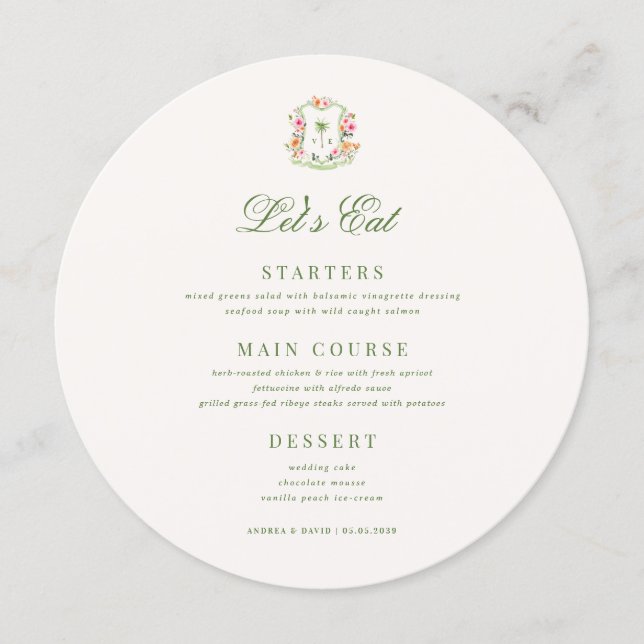 Crest Palm Tree Monogram Lets Eat Round Wedding Menu (Front)