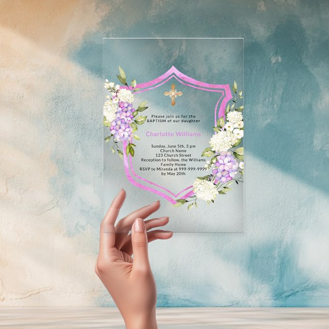 Crest pink purple flowers girl clear Baptism Acrylic Invitations (Creator Uploaded)