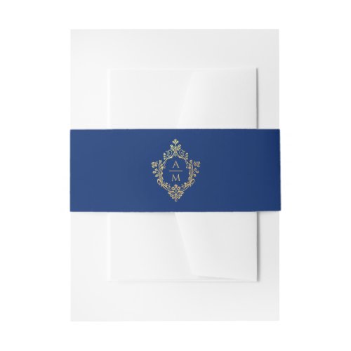 Crest Royal Blue Faux Gold Ornate Wedding Monogram Invitation Belly Band