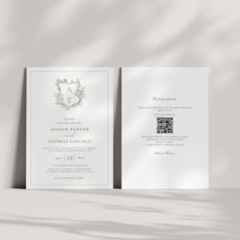 Crest Sage Green Monogram Qr Code Wedding Invitation by DesignsByElina at Zazzle