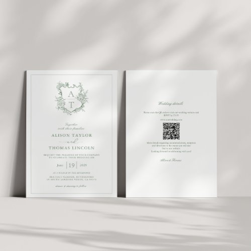Crest Sage Green Monogram QR Code Wedding Invitation