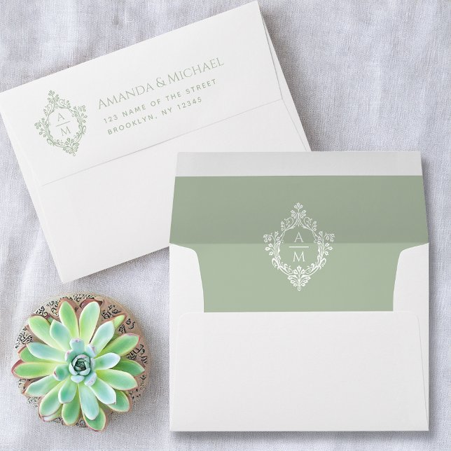 Crest Sage Green Wedding Monogram Vintage Address Envelope (Creator Uploaded)