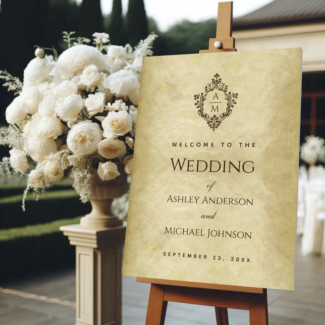 Crest Vintage Wedding Monogram Parchment Welcome Foam Board (Creator Uploaded)