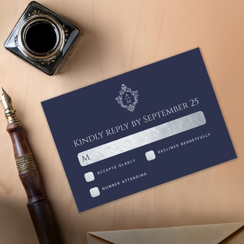 Crest Wedding Monogram Navy Blue Faux Silver Foil RSVP Card