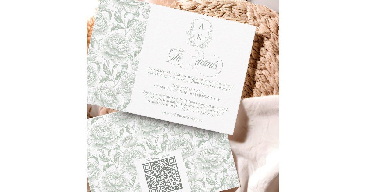 Crest Wedding Monogram Sage Green Script details Enclosure Card | Zazzle