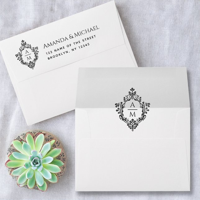 Crest Wedding Monogram Vintage Address Black White Envelope (Creator Uploaded)