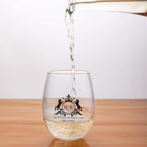 Crest with circle and 2 horses badge royal crown stemless wine glass