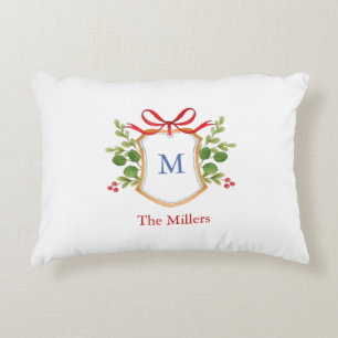 Crest with greenery Monogram Holiday Accent Pillow