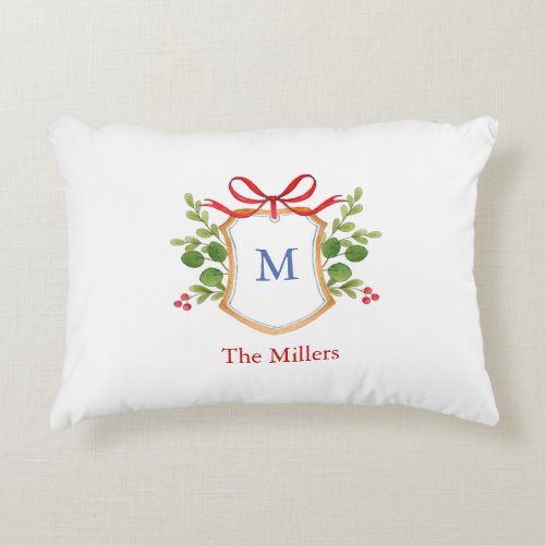 Crest with greenery Monogram Holiday Accent Pillow