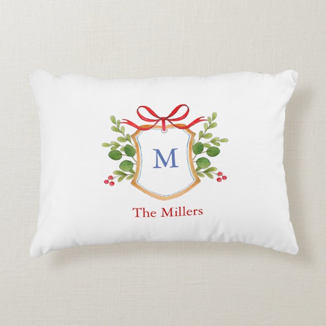 Crest with greenery Monogram Holiday Accent Pillow (Front)