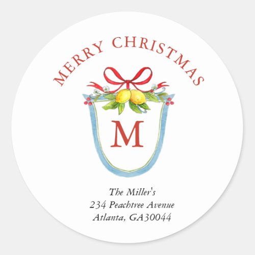 Crest with Lemons and bow Monogram Christmas Classic Round Sticker