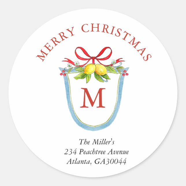 Crest with Lemons and bow Monogram Christmas Classic Round Sticker (Front)