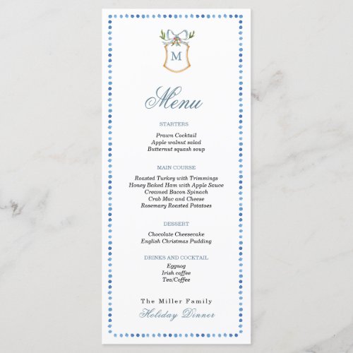 Crest with monogram Blue  White Holiday Menu