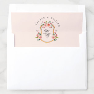 Crest with monogram pink wedding envelope liner