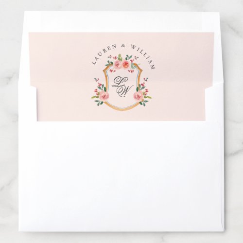 Crest with monogram pink wedding   envelope liner