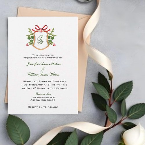 Crest with winter greenery Holiday wedding Invitation